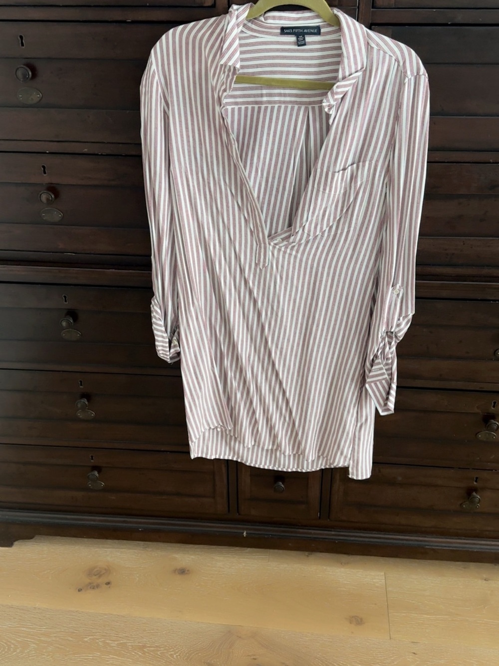 Saks Fifth Avenue Pink and White Striped V-Neck Roll-Tab Tunic